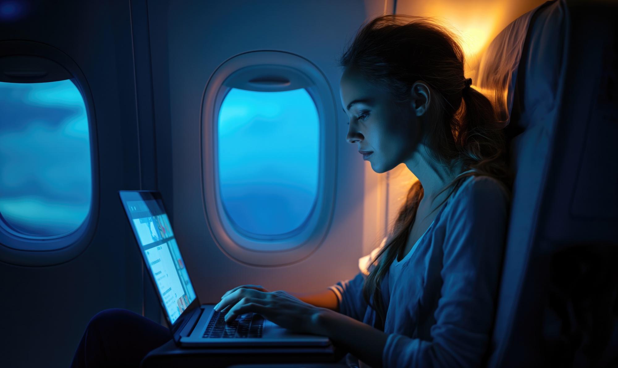 Marketing de oportunidade: mulher sentada em poltrona ao lado da janela do avião, observando o notebook.