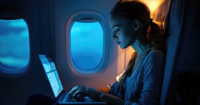 Marketing de oportunidade: mulher sentada em poltrona ao lado da janela do avião, observando o notebook.